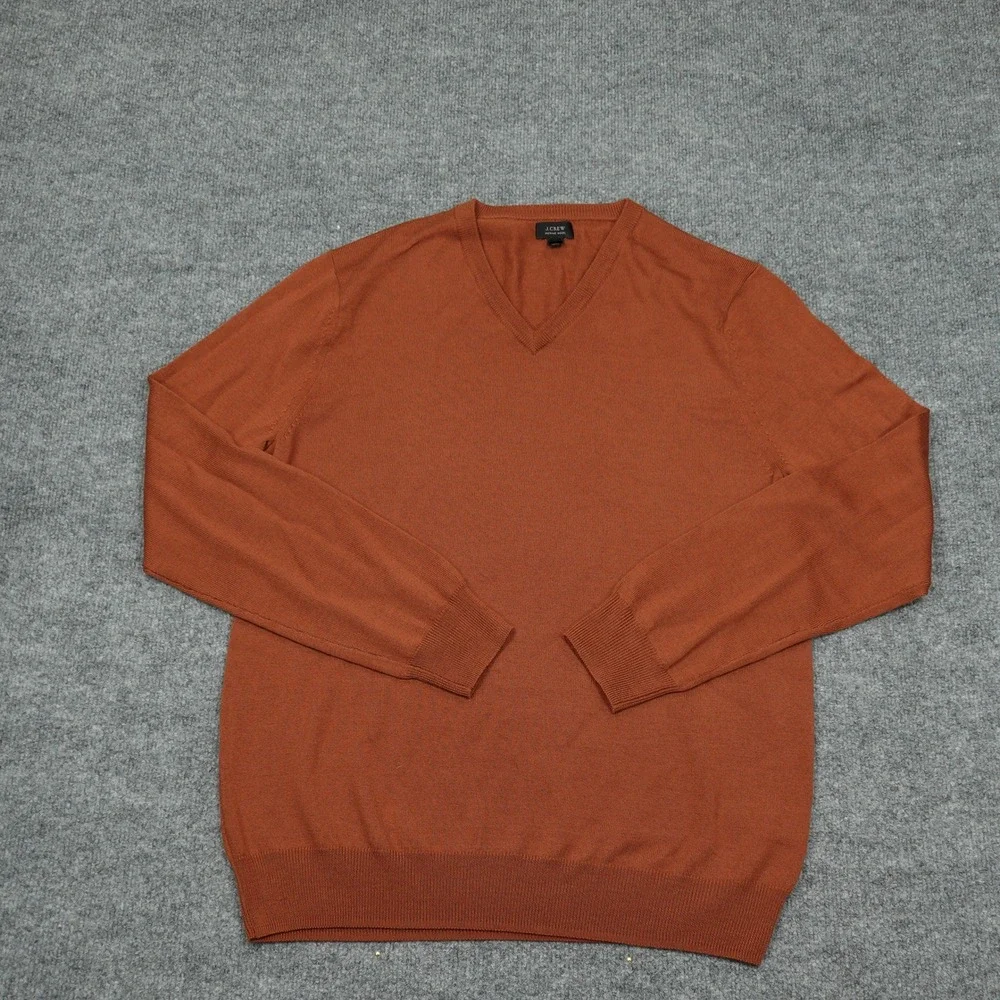 J.Crew Sweater Mens Medium Orange Merino Wool V-Neck Long Sleeve Fine Knit